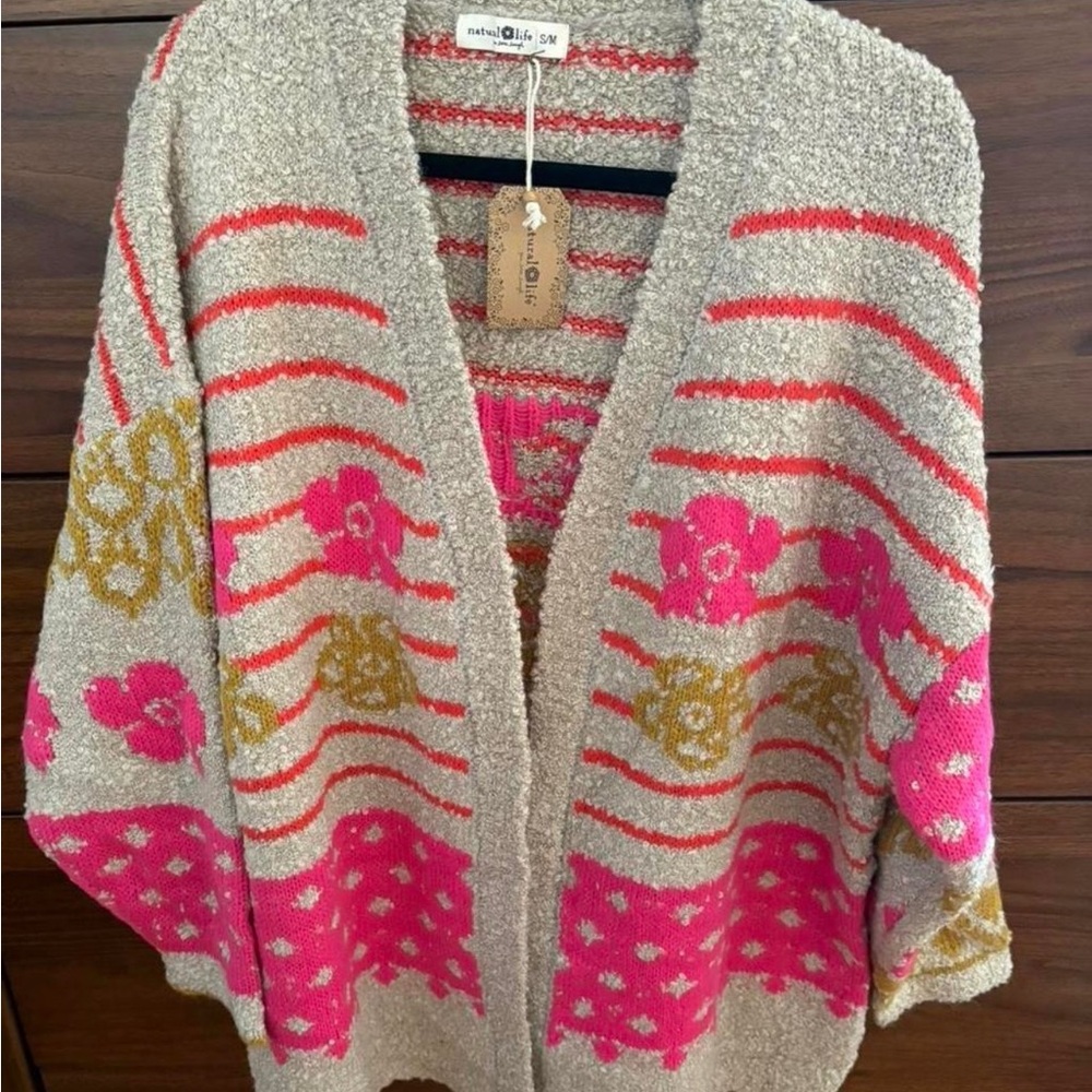 NATURAL LIFE Pink, Gold & Tan Patterned Plush Cardigan